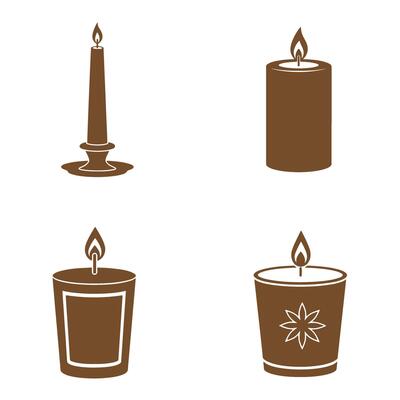 Four different candle designs illustrated with a minimalist silhouette style, each depicting a burning flame perfect for various concepts.
