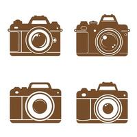 Four brown silhouette cameras artfully arranged on a white background, representing photography, capturing memories, and visual storytelling vector