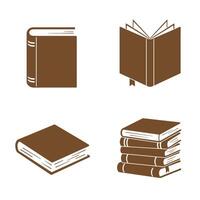 A collection of four different brown silhouette illustrations featuring closed books an open book with bookmark and a stack of books on a white background vector