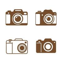 Four brown silhouette camera icons in different arrangements depict photography concepts and can be used in various design projects requiring visual representation. vector