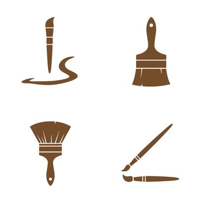Brown silhouette illustrations of various paint brushes on white background for art and design projects decorating and creativity concepts