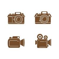 A collection of minimalistic camera silhouette icons of varying styles including classic vintage and modern cameras on white vector