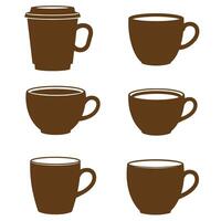 A set of various coffee cups and a to-go cup silhouette depicted in a warm brown color scheme on a white background. vector