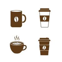 Simple brown silhouette illustrations depicting coffee beverages including mugs cups and to go containers perfect for cafe branding or logo design vector