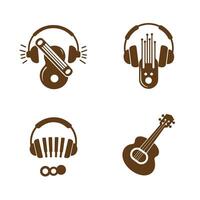Set of four brown musical silhouette logos showcasing headphones guitars and piano keys elements on a clean white background representing music and sound concepts vector