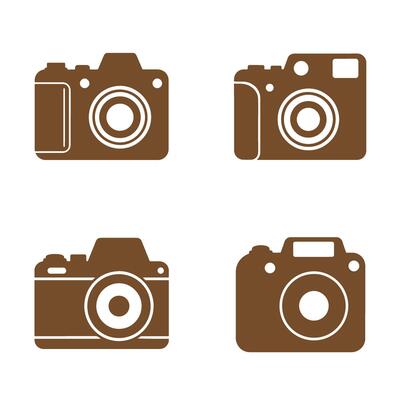 Four brown camera silhouettes arranged on white background reflecting photography and image capture concepts.