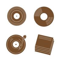 Stylized illustration featuring various elements related to vinyl records and a turntable presented in a simple minimalistic silhouette style. vector