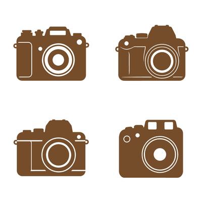 Set of four brown camera silhouettes on white background photography equipment concepts for design elements and icons