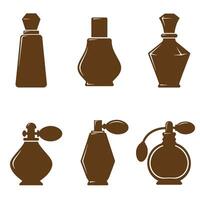 A stylish collection of elegant brown perfume bottles in various shapes and designs, showcasing classic aesthetics with a minimalist silhouette. vector