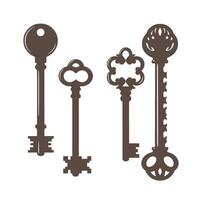 Collection of four vintage decorative keys silhouetted in brown displaying unique ornamental designs and patterns against a clean white background vector