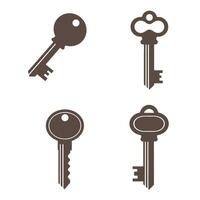 Four distinct antique key silhouettes arranged against a pure white background representing security and access with varying decorative designs. vector