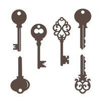 Decorative silhouette of antique keys with various vintage designs and intricate keyhole shapes isolated against a crisp white background. vector