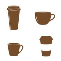 Isolated illustrations showcasing different coffee cup and mug silhouettes in a brown color, including a takeaway coffee cup design suitable for graphics. vector