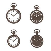 Four simplistic silhouette designs depicting antique pocket watches featuring different hand positions and elegant minimalistic details displayed in a clean white background. vector