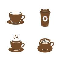 Collection of brown silhouette coffee cups and a to go cup featuring different coffee styles latte art and coffee bean symbol on a white background. vector