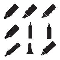 Black silhouette illustrations of markers and highlighters in various angles on white background vector