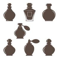 Collection of vintage perfume bottles in silhouette style depicting classic fragrance containers with unique shapes and designs for beauty and elegance. vector