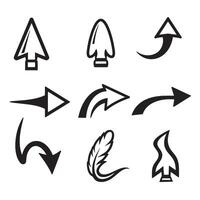 Set of diverse silhouette arrows and feather elements isolated on white background vector