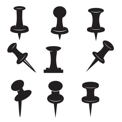 Collection of various black silhouette thumbtacks in different shapes and angles