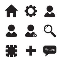 Black silhouette icon set featuring home gear user search add message symbols vector