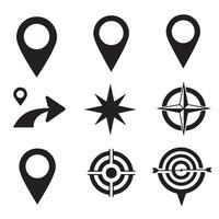 Set of black silhouette navigation icons illustrating location direction and goal vector