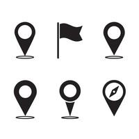 Set of minimalistic location pin icons and flag silhouette design on white background vector