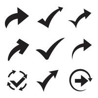 Collection of black silhouette arrows and check marks on a clean white background vector