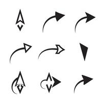 Set of nine black and white silhouette arrows with various designs for navigation vector