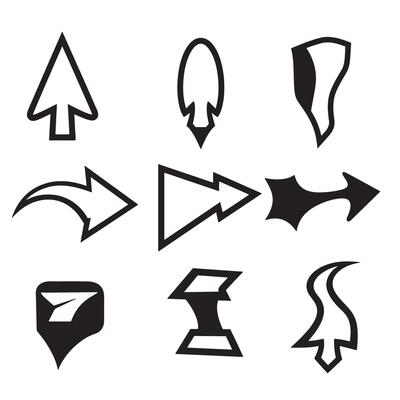 Collection of black and white silhouette arrow shapes for web design and navigation elements