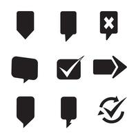 Black and white silhouette icon set including check marks arrows and speech bubbles vector