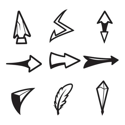 Collection of various hand drawn black and white silhouette arrows and decorative graphic elements