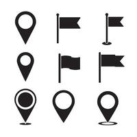 Set of location pins and flag icons in silhouette style for website design vector