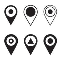 Set of six black and white location pin icon silhouettes for map navigation design vector