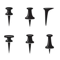 Black silhouette collection of push pins in various shapes and designs isolated on white vector