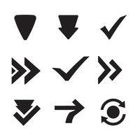 Collection of black silhouette arrows checkmarks and circular arrows on a white background vector