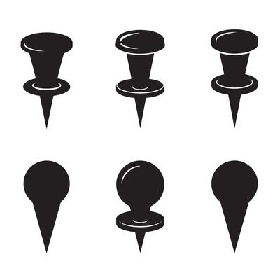 illustration of a collection of black silhouette push pins with different designs