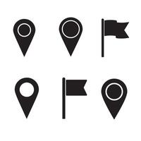 Black and white map location pins and flags silhouette symbols set vector