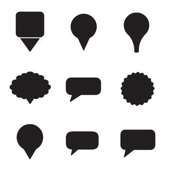 Collection of minimalist silhouette map pointers and speech bubbles in black and white vector