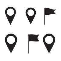 Set of silhouette location icons and flags representing navigation and direction vector