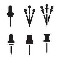 Collection of black silhouette thumbtack pushpin illustrations for office stationary or design projects vector