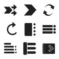 Collection of modern black silhouette icons representing arrows menu options and interface elements vector