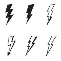 Set of six simple lightning bolt designs in solid and outline silhouette styles vector