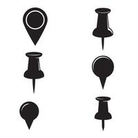 Collection of black silhouette map pin pointers and drawing pushpins isolated on white background vector