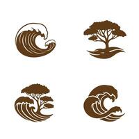 illustration of nature inspired elements including trees and ocean waves in silhouette vector