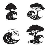 Minimalist black silhouette illustrations of trees and waves for graphic design elements vector