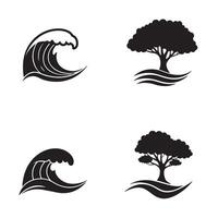 Stylized black and white silhouettes of waves and trees representing nature and environment vector