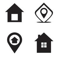 Collection of simple black and white silhouette house and location icons on white background vector