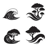 Artistic illustrations featuring trees and ocean waves in a silhouette style vector