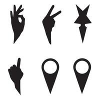 Set of black silhouette gestures including hands star and location pin icons vector
