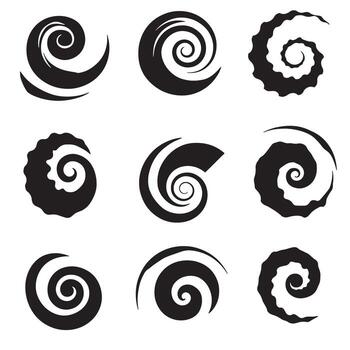 Nine abstract spiral shapes in black silhouettes on a white background for design projects vector
